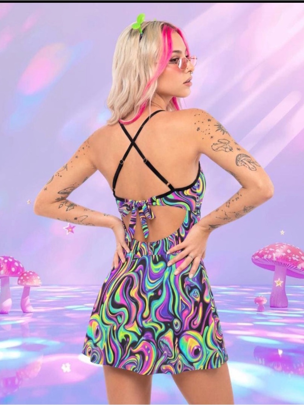 Neon Drip Rave Mini Dress: Trippy Mushroom EDM Festival Outfit - Picture 2 of 5